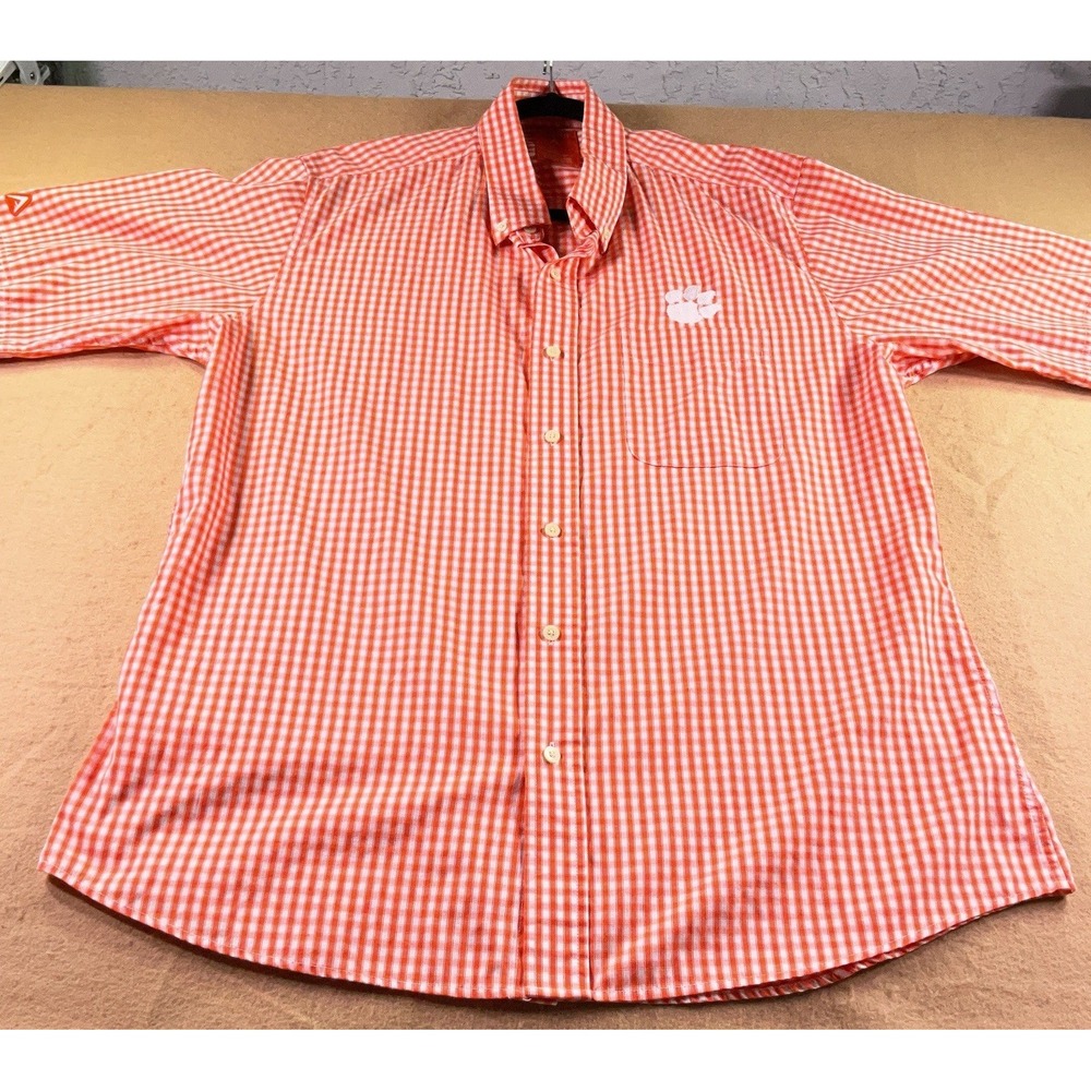 Antigua Clemson Tigers Mens XL Orange White Gingham Button Down Shirt Paw Logo